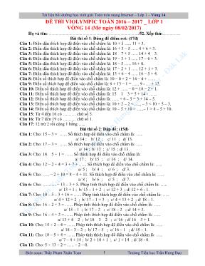 Đề thi Violympic môn Toán lớp 1 vòng 14 - Năm học 2015-2016 - Phạm Xuân Toạn
